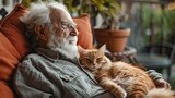 Fototapeta Uliczki - An elderly man with glasses and a white beard shares a moment of relaxation and companionship with his orange cat in a cozy armchair. Elderly Man Relaxing with His Cat on Armchair

