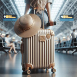 Fototapeta  - Rear view of woman with suitcase and straw hat in airport