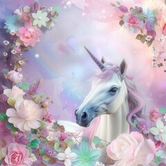 Wall Mural - A picture of a unicorn surrounded by flowers