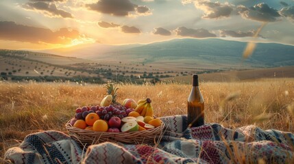 Canvas Print - A basket of fruit sitting on top of a blanket next to a bottle of wine