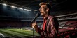 Immersed in the action, a passionate sports commentator hosts an online broadcast of a football match, energizing viewers against the backdrop of a lively stadium..