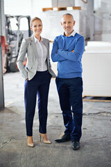 Aufkleber - Business people, man and woman in portrait at factory, confident or pride for startup project. Collaboration, creative career or designers in warehouse for printing material or distribution industry