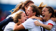 Exuberant Women's Soccer Team Celebrating Victory with a Group Hug, Energetic Embrace on the Field, Expression of Team Spirit and Success, Dynamic Sports Moment Captured