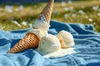 ice cream cone toppled over, melting onto a blue picnic blanket
