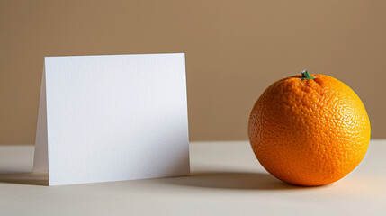 Isolated juicy orange on light brown background with a blank card designed as copy space for text.