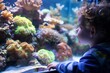 child gazing at a colorful reef tank with fascination