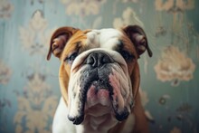 English Bulldog On The Background Of Vintage Wallpaper. Bar, Pub And Beer Hall Concept.
