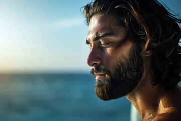 Wall Mural - Portrait of a handsome young man with a beard with closed eyes on the background of the sea. Wellness concept.