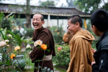 Wall Mural - monk in a monastery garden laughing with novices