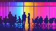 © ARTIFICIAN - silhouettes of people in a meeting room with a colorful window behind them, captures the essence of collaboration and creativity in a professional setting. The vibrant window adds a dynamic and engagi