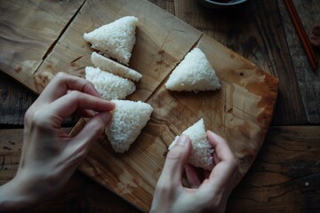 Sticker - hands shaping onigiri rice triangles on a wooden board