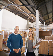 Aufkleber - People, portrait and warehouse packaging for logistics or manufacturing production, boxes or distribution. Woman, clipboard and inventory inspection at factory for e commerce, delivery or courier