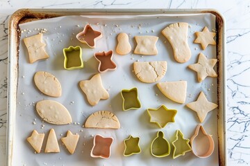 Poster - baking sheet with various shapes of cutters and raw cookies