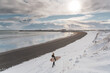 © Cavan Images - Woman walking on beach with surf board winter iceland