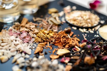 closeup of a perfumers palette with assorted raw ingredients