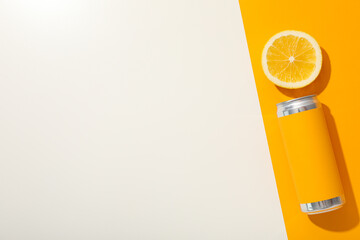 Sticker - Tin can and orange on orange and white background, space for text