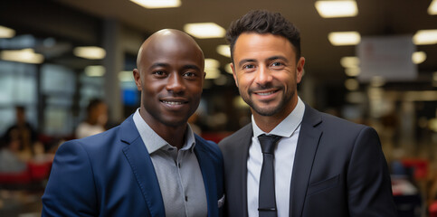 Two african american businessman. Employees standing in modern office. Smiling male office workers looking at camera in workplace meeting area.