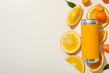 Sticker - Tin can and oranges on white background, space for text