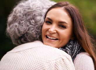 Poster - Hug, portrait and mother of woman with smile for love, embrace and affection for bonding with happiness. Family, closeup and daughter with mom in garden, backyard and terrace outdoor in nature