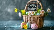 Joyous Easter Greetings with a wicker basket, small flowers and colourful Easter eggs