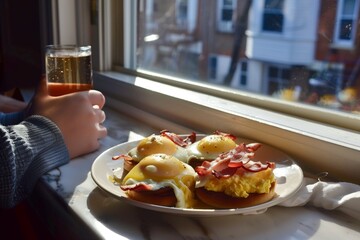 Canvas Print - plate full of eggs benedict, person with mimosa, sunny bay window view