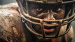 Intense American Football Player with Mud-Splattered Helmet, Focused Eyes Emanating Determination, Grit and Resilience of the Game Portrait
