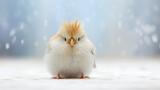 Fototapeta Zwierzęta - beautiful chick sitting in snow on blur background, A close up of a baby chick
