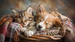 A serene scene of a kitten and puppy peacefully napping in a warm, cozy wicker basket with a decorative backdrop