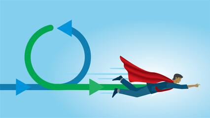 Superhero flying in process workflow. Dimension 16:9. Vector illustration.
