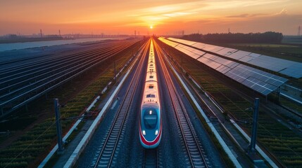 Wall Mural - High-speed train powered by renewable energy, with solar panels along the track, representing sustainable transport