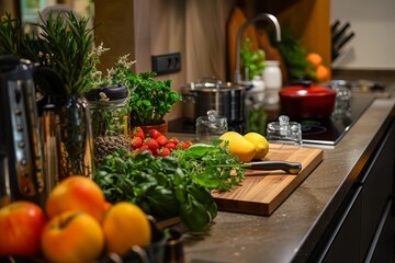 Wall Mural - A kitchen counter is adorned with a cutting board filled with a variety of fresh fruits and vegetables ready for preparation and cooking