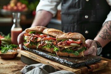 Wall Mural - Side view of chef presenting sandwiches on a cutting board