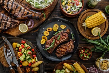 Sticker - A variety of food items displayed on a table from a top-down perspective, including meats, vegetables, and condiments