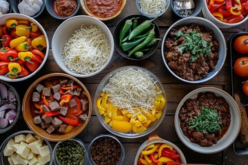 Wall Mural - A top-down view of a table topped with bowls filled with various types of food for a meal preparation