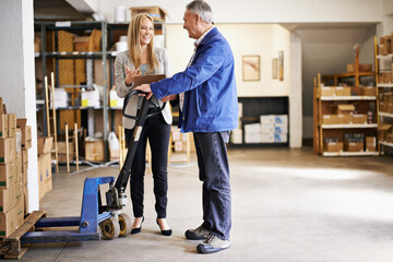 Poster - People, manager and clipboard for inventory management in warehouse, distribution and logistics industry with discussion. Checklist, inspection and pallet jack for boxes with supply chain and storage