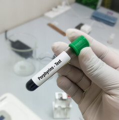 Sticker - Test Tube with blood sample for Porphyrin test, neurologic porphyria. A medical testing concept.