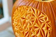 closeup of a pumpkin with an innovative geometric pattern carved