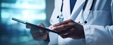 Fototapeta Londyn - Doctor using digital tablet in hospital rooms. digital healthcare and medicine review.  banner