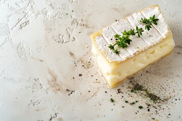 Sticker - A piece of cheese topped with herbs, showcasing a blend of flavors in a rustic setting