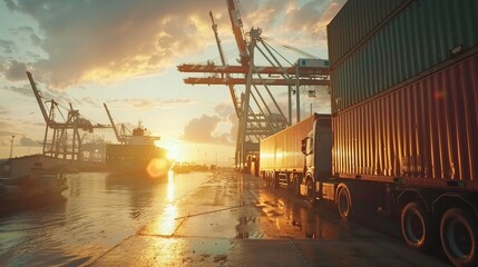 Wall Mural - Container truck in ship port for business Logistics and transportation of Container Cargo ship and Cargo plane with working crane bridge in shipyard at sunrise, logistic import export and transport