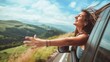 .Happy woman stretches her arms while sticking out car window. Lifestyle, travel, tourism, nature, car, person, travel, females, summer, happy