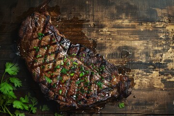 Sticker - A piece of char-grilled ribeye steak served on a wooden table, garnished with fresh parsley