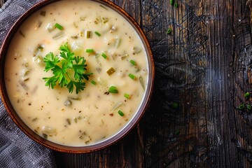 Wall Mural - A bowl of creamy beer soup resting on a rustic wooden table, showcasing a comforting home-style dish