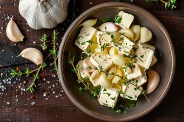 Sticker - A bowl filled with potatoes and herbs placed next to garlic, showcasing a rustic and fresh Southern home cooking style