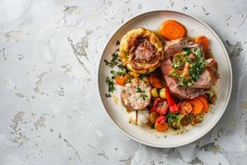 Wall Mural - A white plate is filled with a hearty meal of meat and vegetables in a Southern home style setting