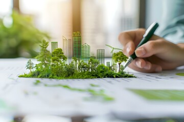 Urban planner implementing sustainable strategies for ecofriendly city development. Concept Sustainable Development, City Planning, Ecofriendly Strategies, Urban Design, Environmental Conservation