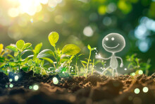 A White, Small Figurine Of A Man With A Smile On His Face, Plants Plants In The Ground, Against A Bokeh Background, With Sunlight Penetrating Through The Green Leaves, World Earth Day April 22