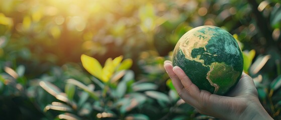 Aufkleber - Hand holding a green globe to represent the concept of nature about sustainability, ecology, and renewable energy for saving the world and its environment