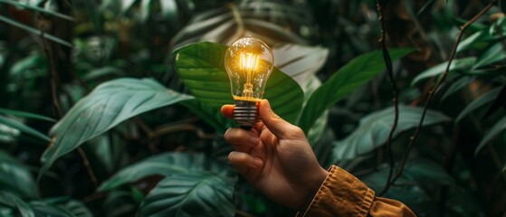 Poster - A hand holding a light bulb against a green leaf, Organization responsible for environmental development, Ecology, Energy sources for renewable resources