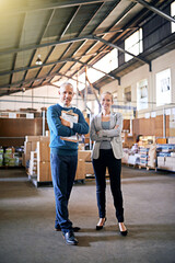 Aufkleber - Boxes, portrait and business people in warehouse together with package, logistics or distribution. Export, commerce and service team at cargo storage factory with clipboard, pride and confident smile